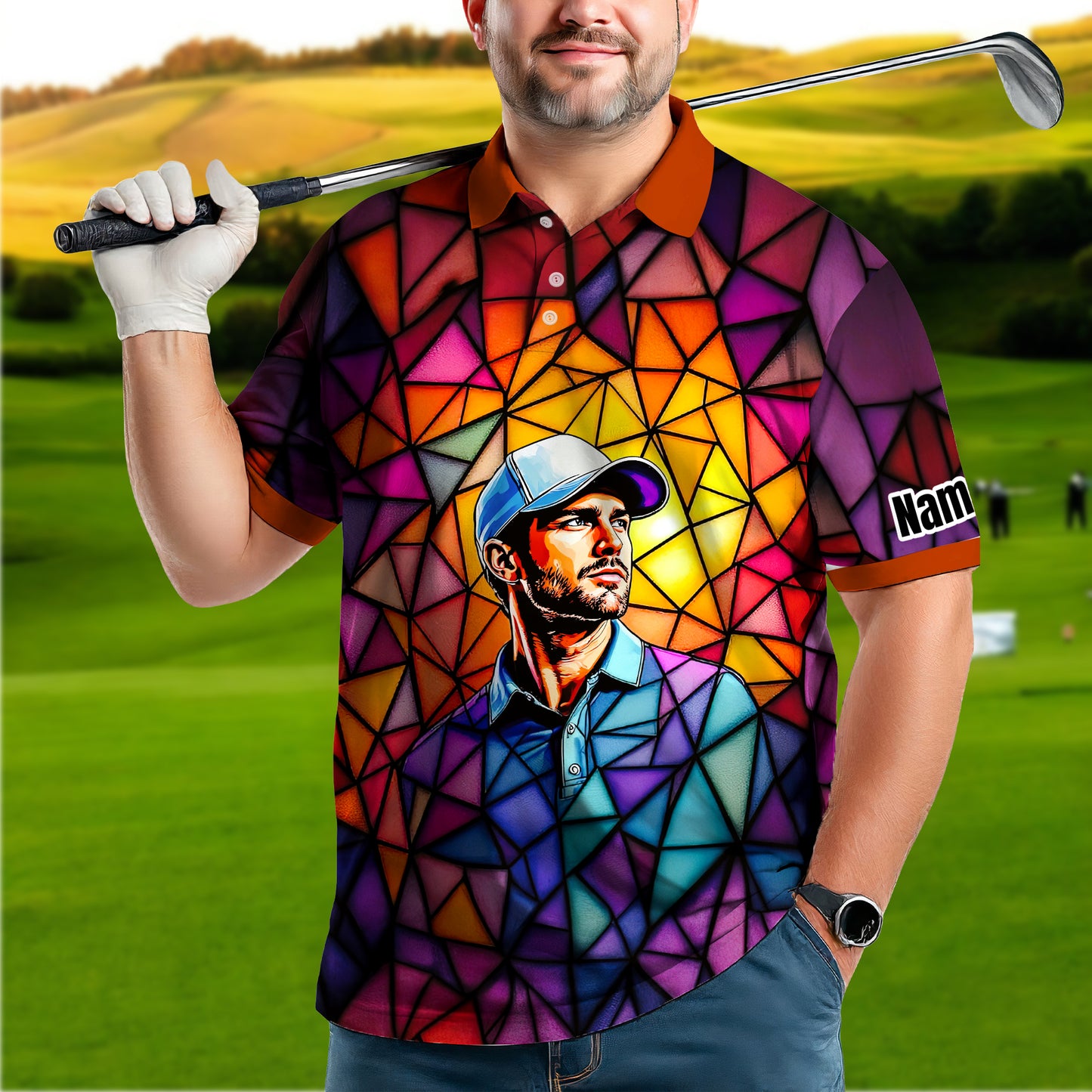 HomyGifts Men's Customized Face Artistic Golf Polo Shirt, Angular Geometric Glass Pattern, Stained-Glass Mosaic Print, Personalized Sublimation Golf Shirt, Vibrant Geometric Portrait Tee
