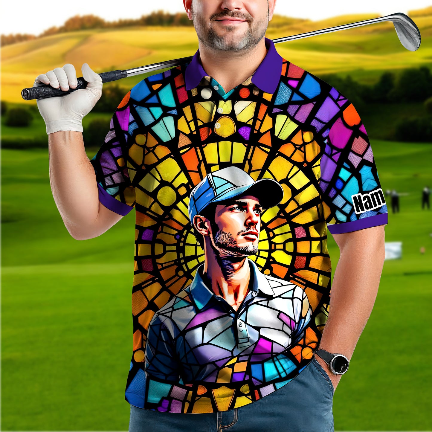Custom Face Golf Polo Shirt – Personalized Stained Glass Art Shirt, Unique Golf Gift for Him, Colorful Abstract Golf Polo, Custom Sportswear