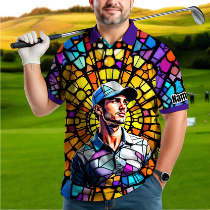Custom Face Golf Polo Shirt – Personalized Stained Glass Art Shirt, Unique Golf Gift for Him, Colorful Abstract Golf Polo, Custom Sportswear