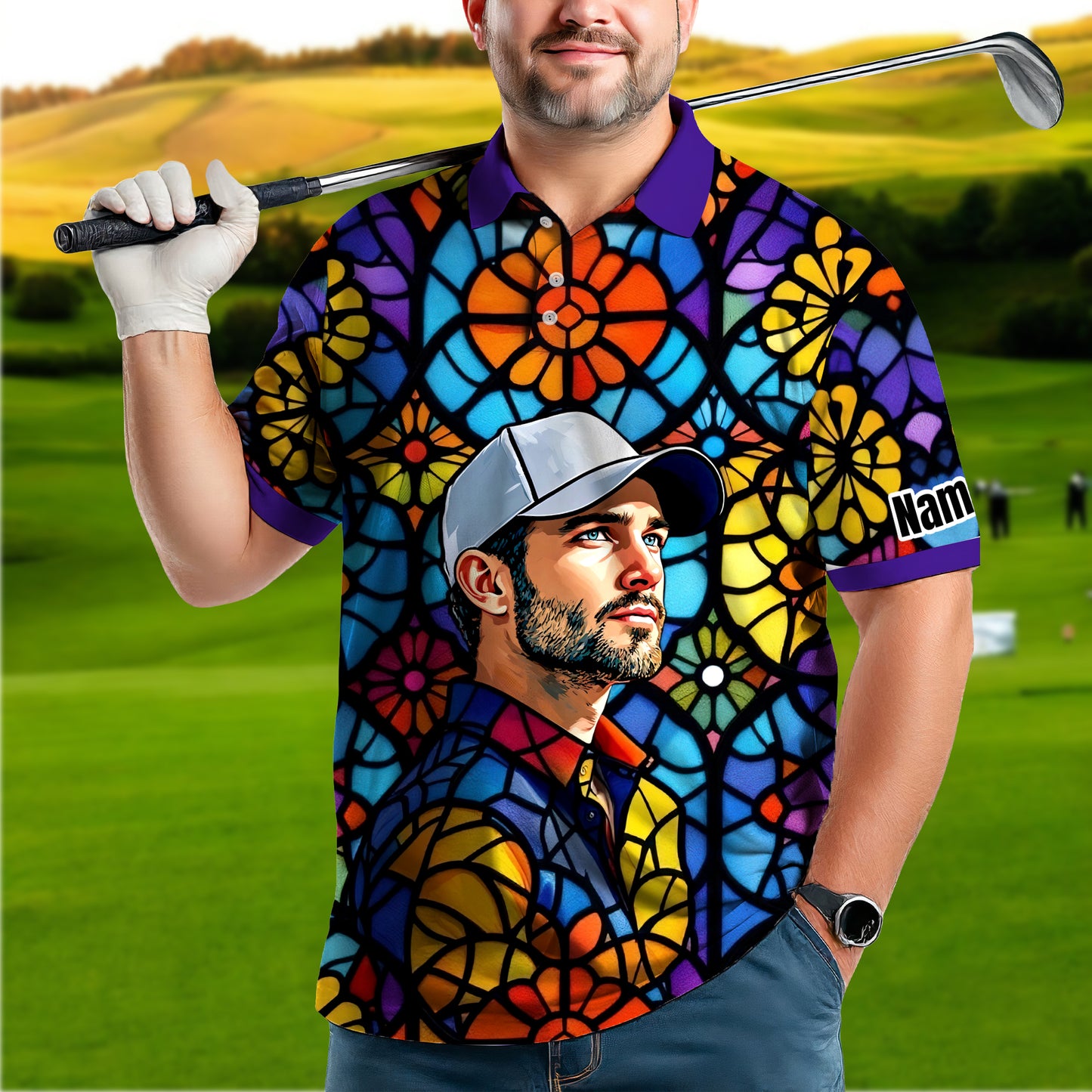 Custom Face Golf Polo Shirt – Personalized Stained Glass Art Shirt, Unique Golf Gift for Him, Colorful Abstract Golf Polo, Custom Sportswear