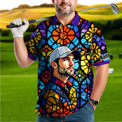 Custom Face Golf Polo Shirt – Personalized Stained Glass Art Shirt, Unique Golf Gift for Him, Colorful Abstract Golf Polo, Custom Sportswear