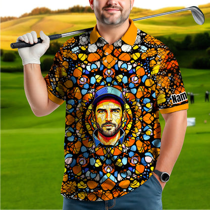 Custom Face Golf Polo Shirt – Personalized Stained Glass Mandala Style Polo, Unique Gift for Men & Women, Vibrant Artistic Golf Shirt, Custom Photo Polo