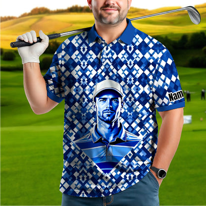 Custom Face Polo Shirt – Geometric Diamond Pattern | Personalized Photo Golf Polo | Unique Gift for Him, Retro Geometric Style Shirt Style 4