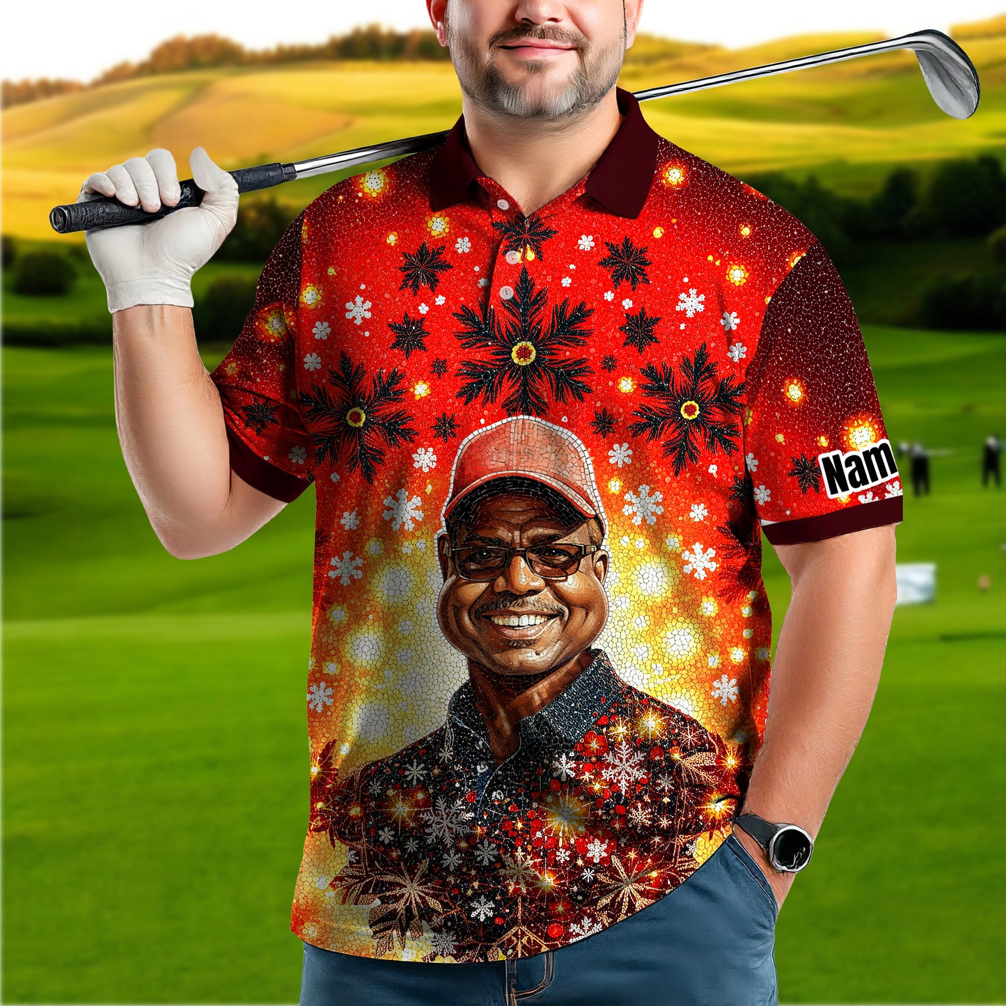 Custom Face Golf Polo Shirt – Personalized Christmas Golf Shirt for Him, Unique Holiday Gift for Golfer, Snowflake Mosaic Art Design Golf Apparel Style 13.1