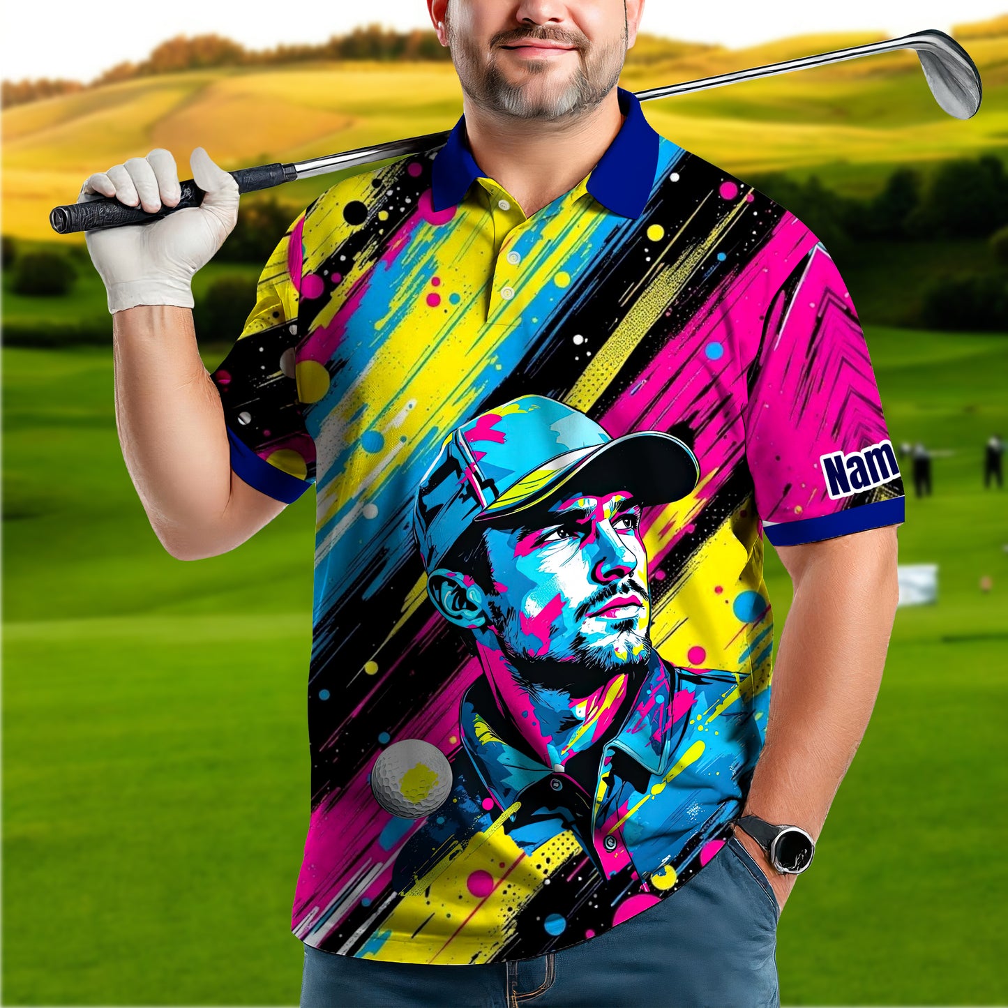 HomyGifts Men's Customized Face Artistic Golf Polo Shirt, Personalized Pop Art Golf Polo, Portrait Gift for Golfers Style 3