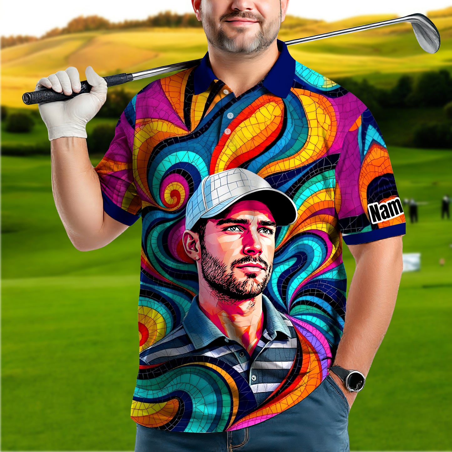 Personalized Mosaic Portrait Polo — Custom Face Mosaic Art Style Shirt Style 3