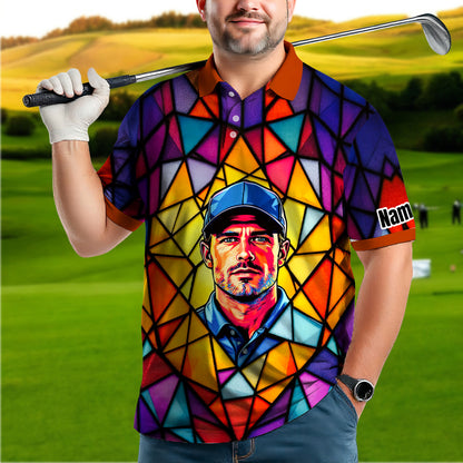 HomyGifts Men's Customized Face Artistic Golf Polo Shirt, Angular Geometric Glass Pattern, Stained-Glass Mosaic Print, Personalized Sublimation Golf Shirt, Vibrant Geometric Portrait Tee