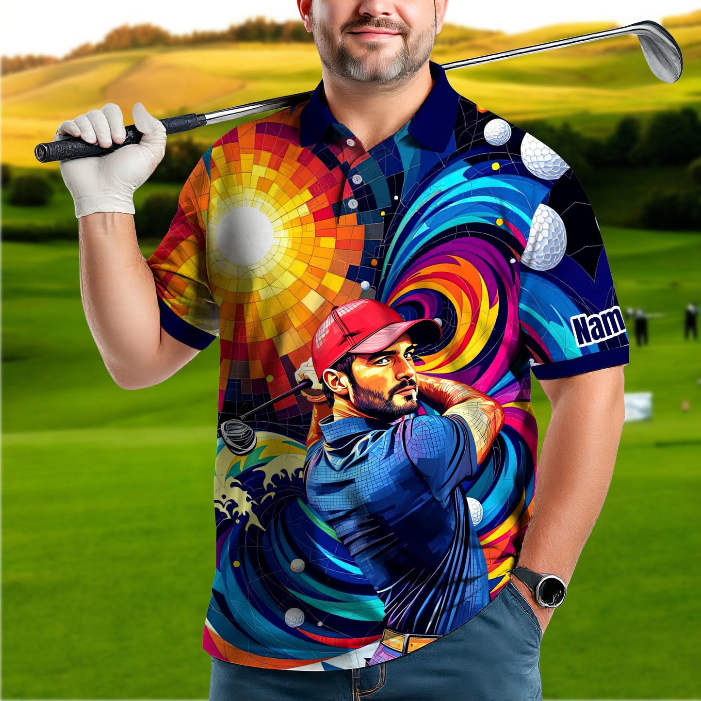HomyGifts Men's Customized Face Artistic Golf Polo Shirt, Mosaic Art Style, Unique Personalized Golf Polo For Men Style 11