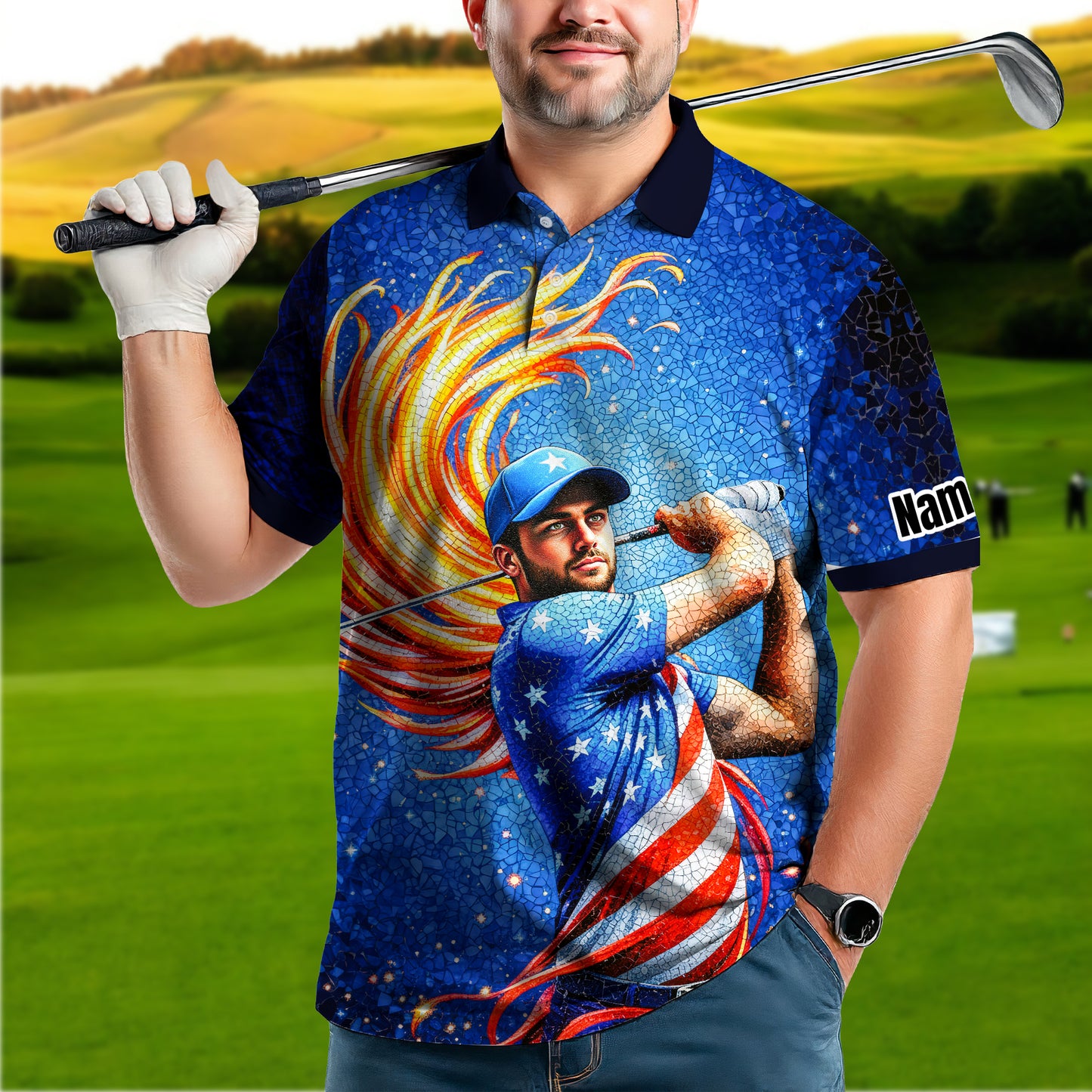 Custom Face Patriotic Golf Polo Shirt – Personalized USA Flag Design – American Pride Gift for Him – Mosaic Art Golf Shirt Style 10