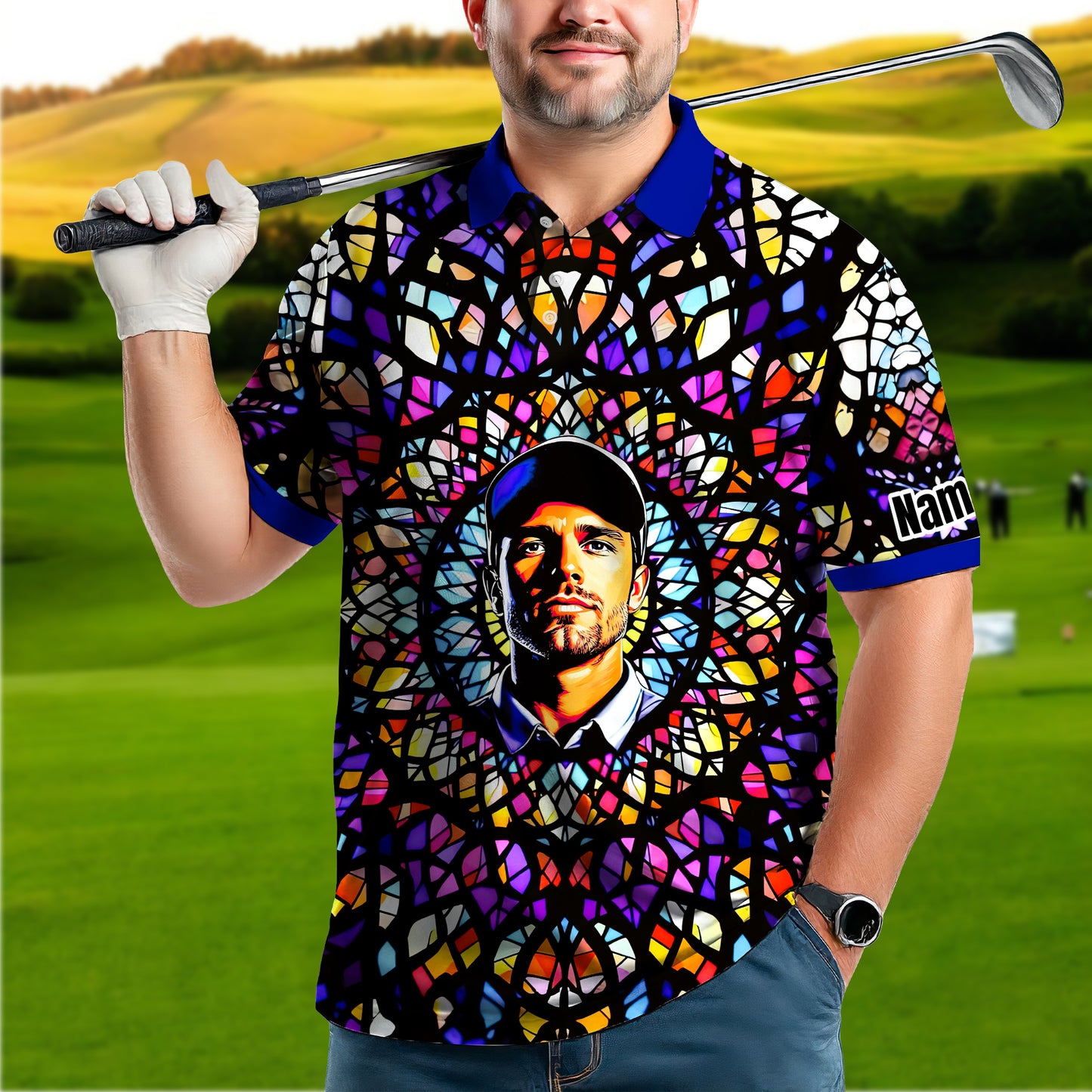 Custom Face Golf Polo Shirt – Personalized Stained Glass Mandala Style Polo, Unique Gift for Men & Women, Vibrant Artistic Golf Shirt, Custom Photo Polo