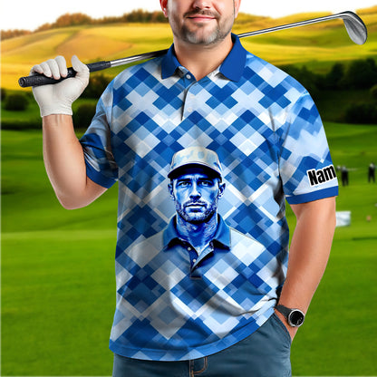 Custom Face Polo Shirt – Geometric Diamond Pattern | Personalized Photo Golf Polo | Unique Gift for Him, Retro Geometric Style Shirt Style 10
