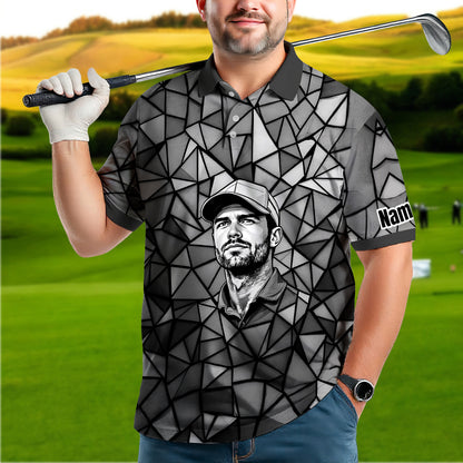 Angular Geometric Glass Pattern Custom Face Polo — Stained-Glass Mosaic Print, Personalized Sublimation Golf Shirt, Vibrant Geometric Portrait Tee