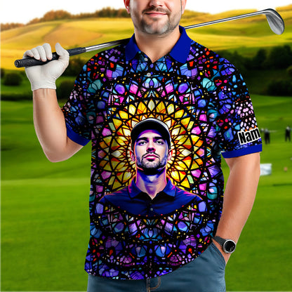 Custom Face Golf Polo Shirt – Personalized Stained Glass Mandala Style Polo, Unique Gift for Men & Women, Vibrant Artistic Golf Shirt, Custom Photo Polo