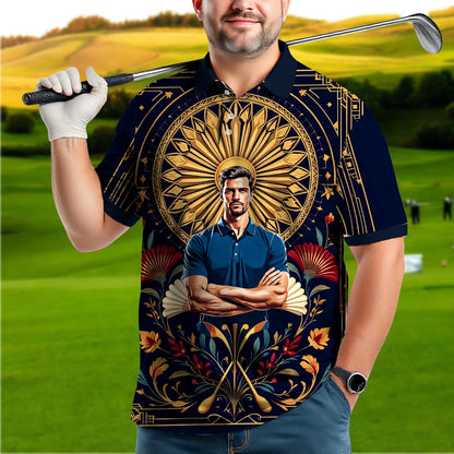Custom Face Golf Polo Shirt – Swing in Gold Art Deco Revival Style | Personalized Golf Shirt for Men Style 2