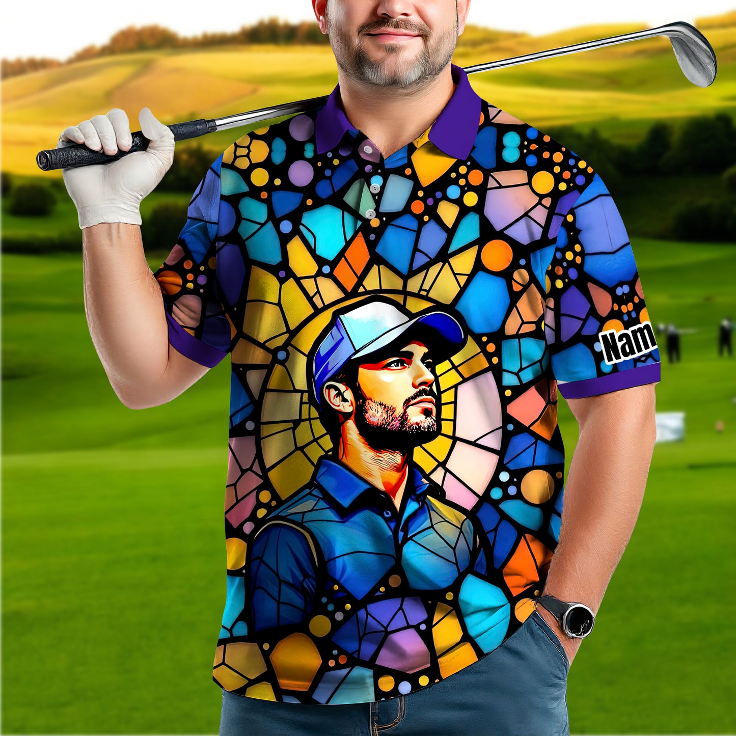 Custom Face Golf Polo Shirt – Personalized Stained Glass Art Shirt, Unique Golf Gift for Him, Colorful Abstract Golf Polo, Custom Sportswear