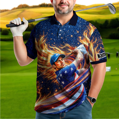 Custom Face Patriotic Golf Polo Shirt – Personalized USA Flag Design – American Pride Gift for Him – Mosaic Art Golf Shirt Style 9