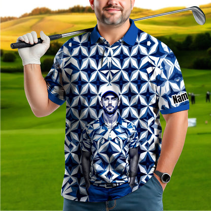 Custom Face Polo Shirt – Geometric Diamond Pattern | Personalized Photo Golf Polo | Unique Gift for Him, Retro Geometric Style Shirt Style 17