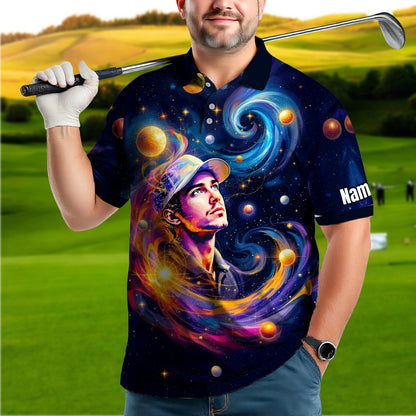 Custom Cosmic Portrait Polo Shirt – Personalized Surreal Galaxy Art with Your Face | Unique Gift for Golfers, Sports & Astrology Fans Style 3