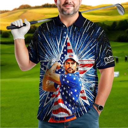 Custom Face Patriotic Golf Polo Shirt – Personalized USA Flag Design – American Pride Gift for Him – Mosaic Art Golf Shirt Style 4