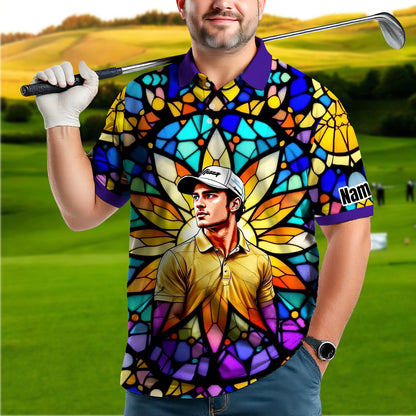 Custom Face Golf Polo Shirt – Personalized Stained Glass Art Shirt, Unique Golf Gift for Him, Colorful Abstract Golf Polo, Custom Sportswear