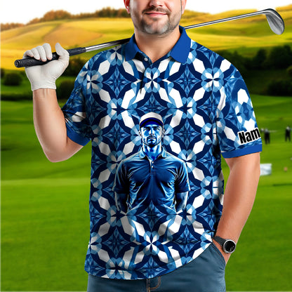 Custom Face Polo Shirt – Geometric Diamond Pattern | Personalized Photo Golf Polo | Unique Gift for Him, Retro Geometric Style Shirt Style 16