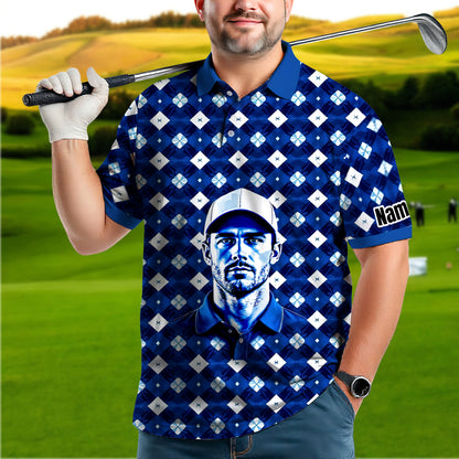 Custom Face Polo Shirt – Geometric Diamond Pattern | Personalized Photo Golf Polo | Unique Gift for Him, Retro Geometric Style Shirt Style 7