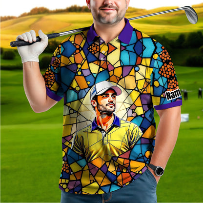 Custom Face Golf Polo Shirt – Personalized Stained Glass Art Shirt, Unique Golf Gift for Him, Colorful Abstract Golf Polo, Custom Sportswear