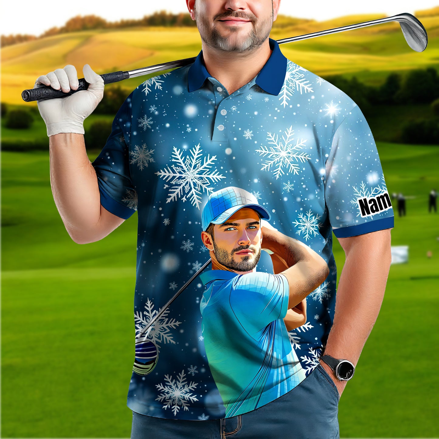 Custom Face Golf Polo Shirt – Personalized Christmas Golf Shirt for Him, Unique Holiday Gift for Golfer, Snowflake Design Golf Apparel Style 1
