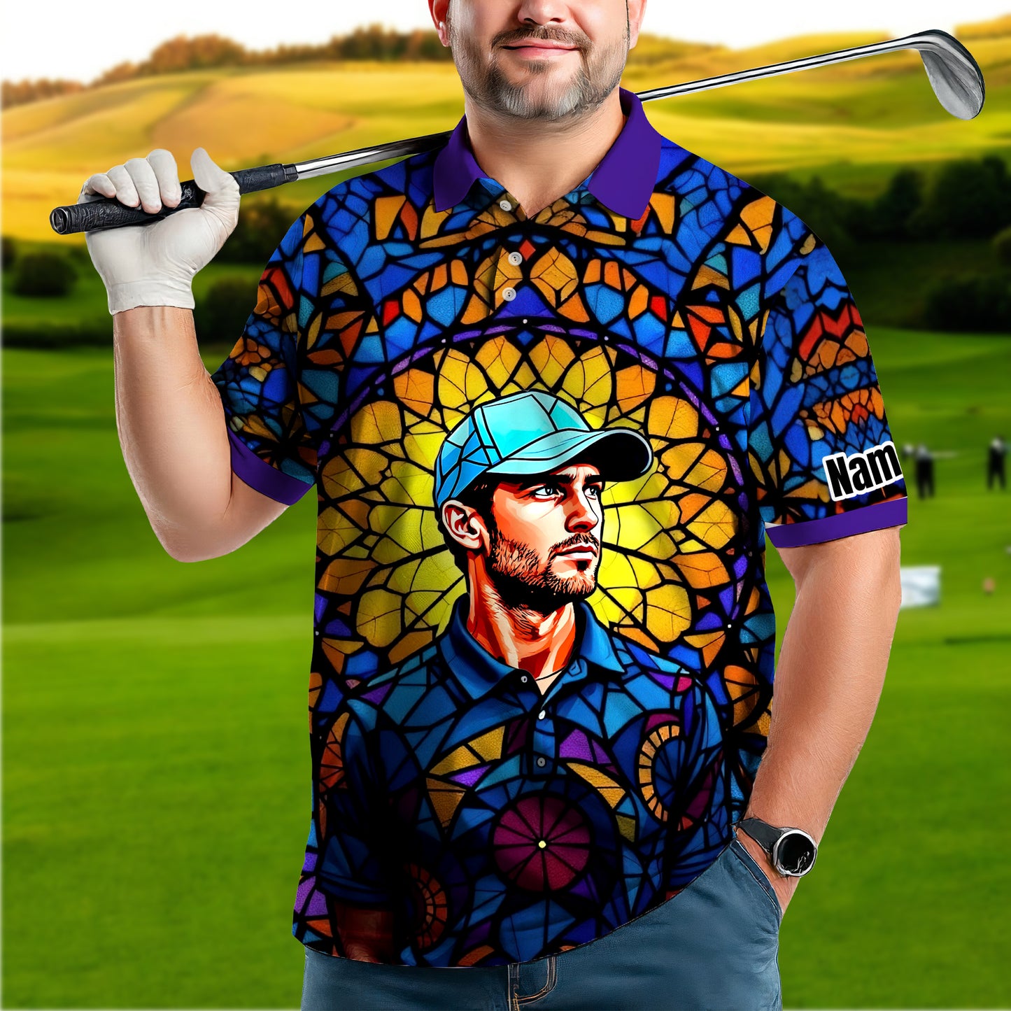 Custom Face Golf Polo Shirt – Personalized Stained Glass Art Shirt, Unique Golf Gift for Him, Colorful Abstract Golf Polo, Custom Sportswear