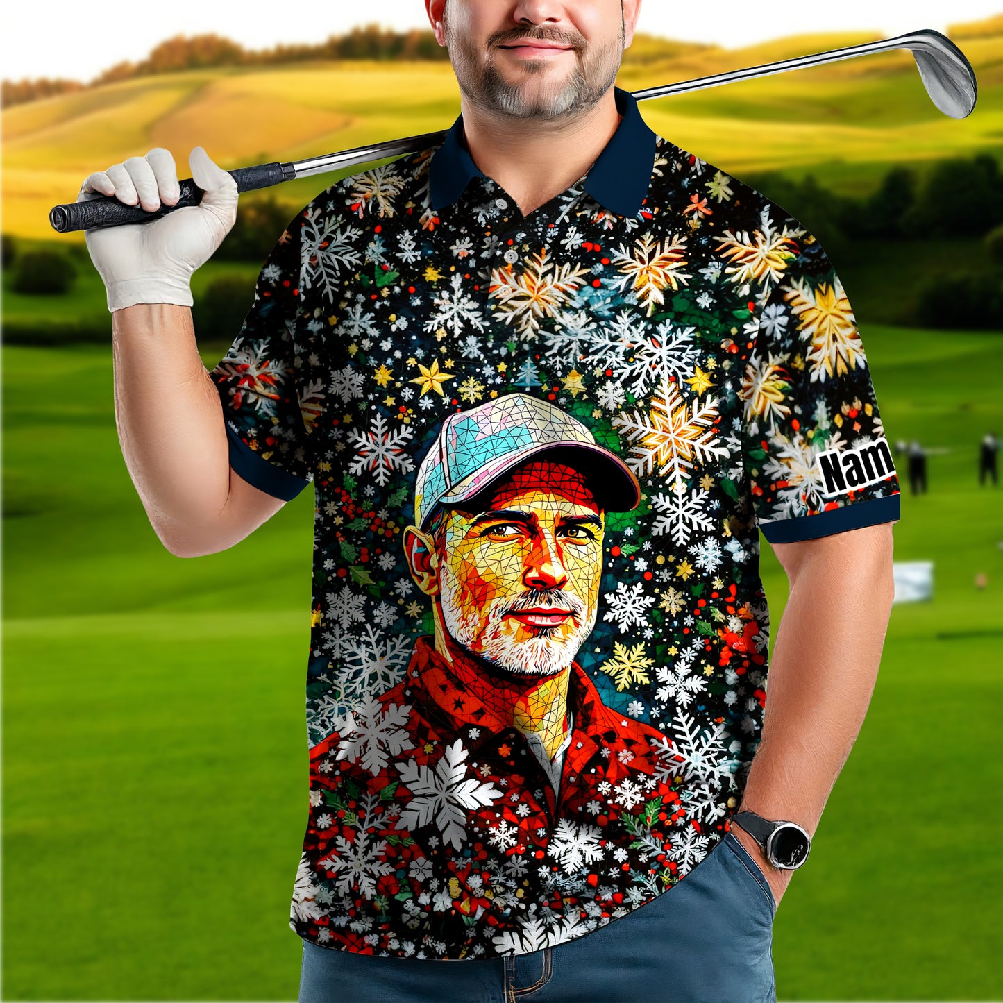 Personalized Christmas Golf Polo Shirt with Your Face – Custom Photo Holiday Shirt – Unique Mosaic Art Xmas Gift for Men, Custom Golf Apparel Style 2