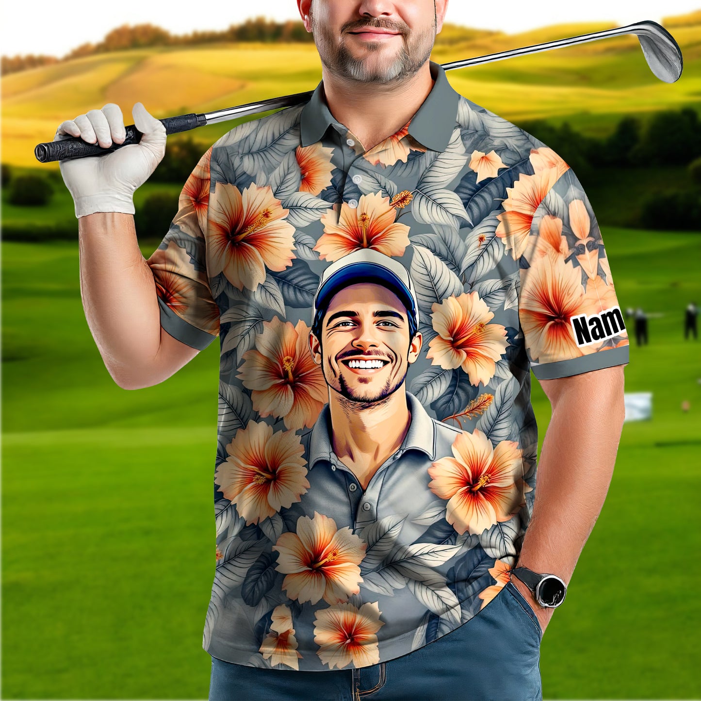 Custom Face Tropical Floral Polo Shirt – Personalized Summer Shirt, Fun Beach Vacation Gift, Unique Tropical Party Outfit Style 7