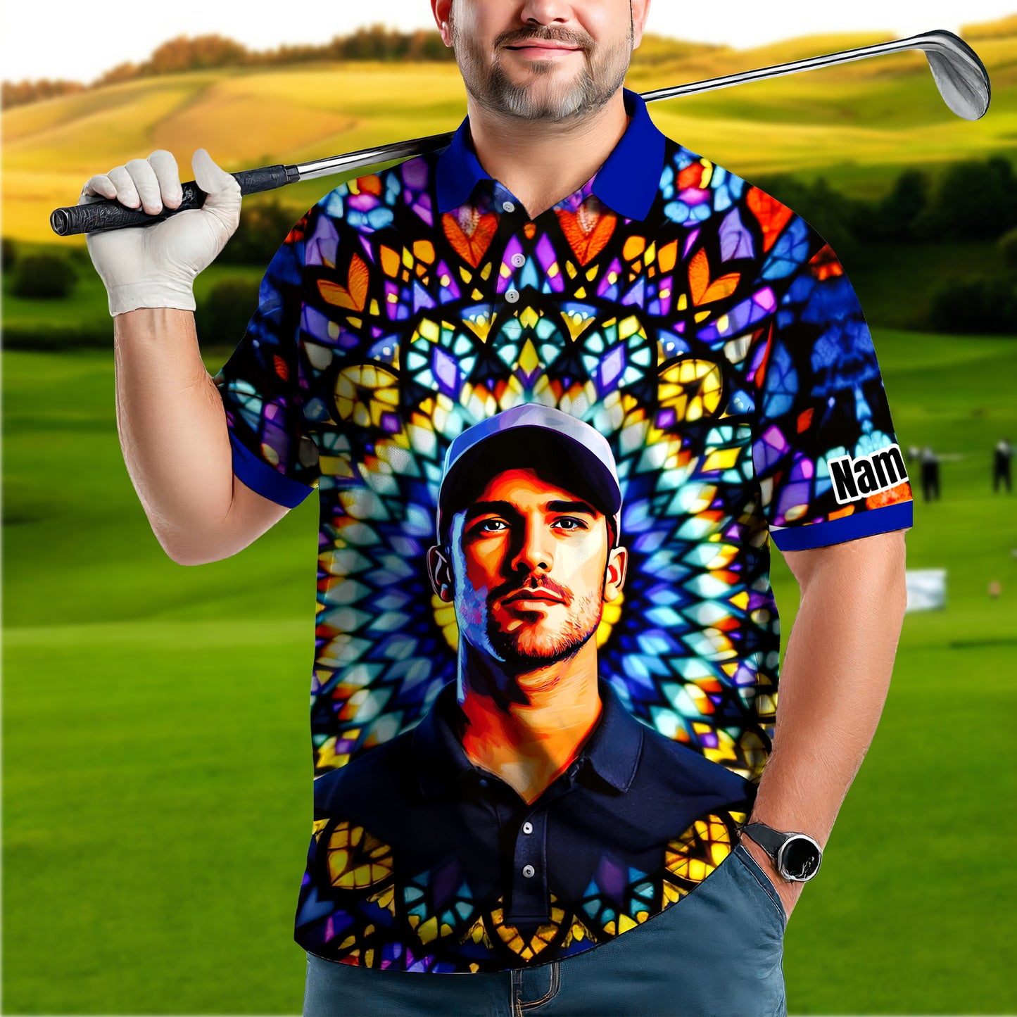 Custom Face Golf Polo Shirt – Personalized Stained Glass Mandala Style Polo, Unique Gift for Men & Women, Vibrant Artistic Golf Shirt, Custom Photo Polo