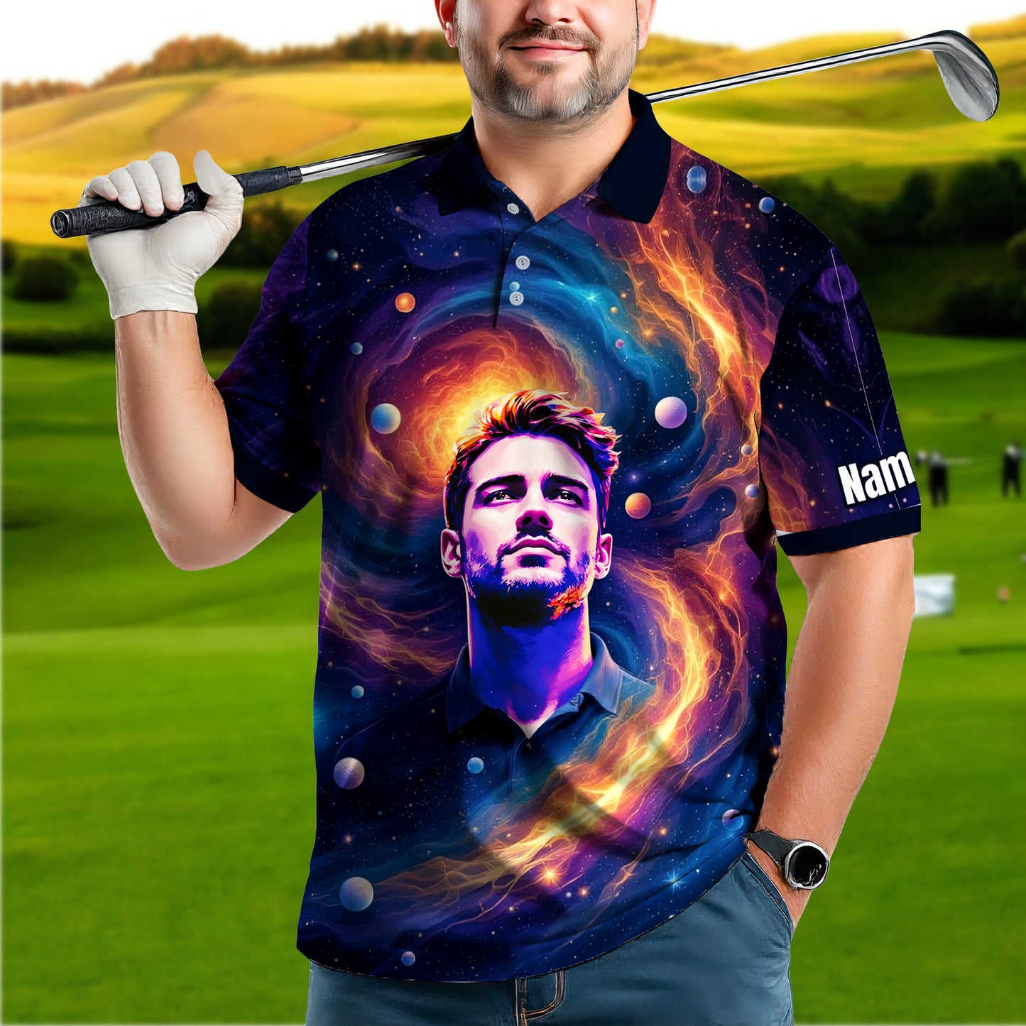 Custom Cosmic Portrait Polo Shirt – Personalized Surreal Galaxy Art with Your Face | Unique Gift for Golfers, Sports & Astrology Fans Style 7