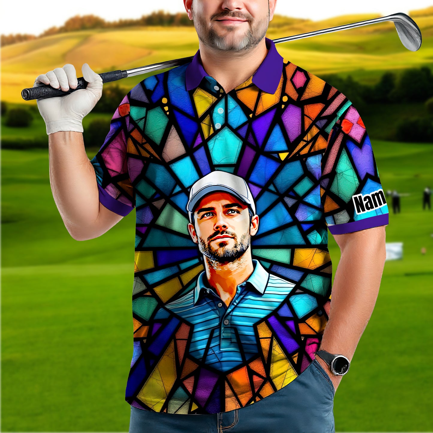 Custom Face Golf Polo Shirt – Personalized Stained Glass Art Shirt, Unique Golf Gift for Him, Colorful Abstract Golf Polo, Custom Sportswear