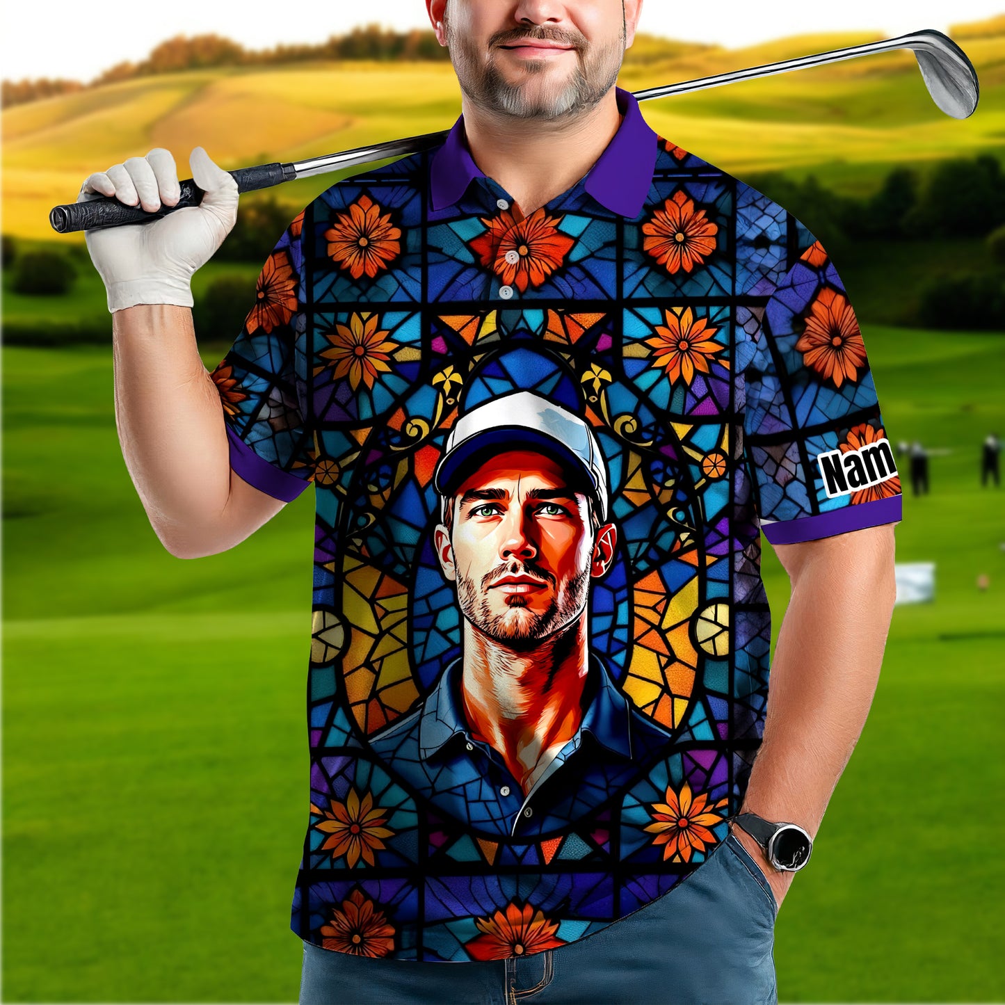 Custom Face Golf Polo Shirt – Personalized Stained Glass Art Shirt, Unique Golf Gift for Him, Colorful Abstract Golf Polo, Custom Sportswear