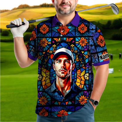 Custom Face Golf Polo Shirt – Personalized Stained Glass Art Shirt, Unique Golf Gift for Him, Colorful Abstract Golf Polo, Custom Sportswear
