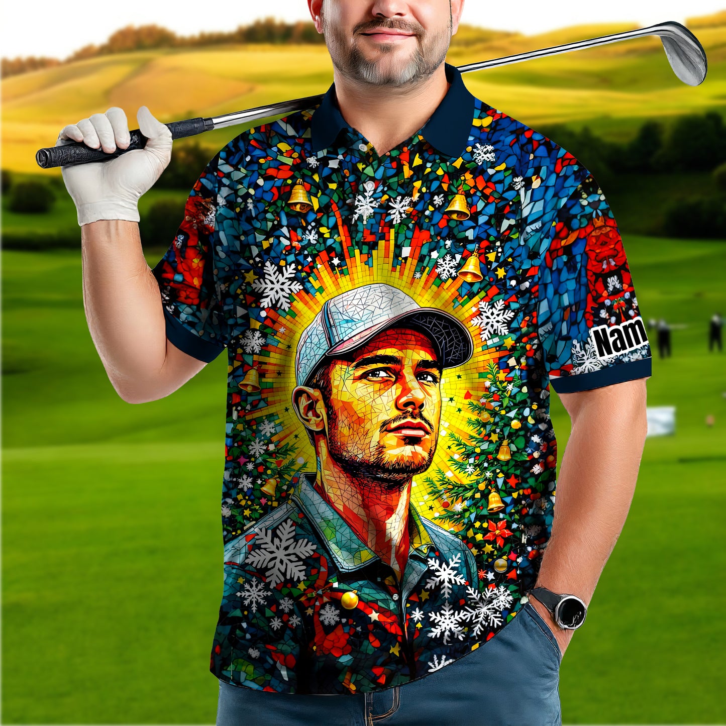 Personalized Christmas Golf Polo Shirt with Your Face – Custom Photo Holiday Shirt – Unique Mosaic Art Xmas Gift for Men, Custom Golf Apparel Style 4