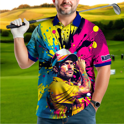 HomyGifts Men's Customized Face Artistic Golf Polo Shirt, Personalized Pop Art Golf Polo, Portrait Gift for Golfers Style 15