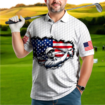 Men's Patriotic Custom Face Golf Polo Shirt - American Flag Design