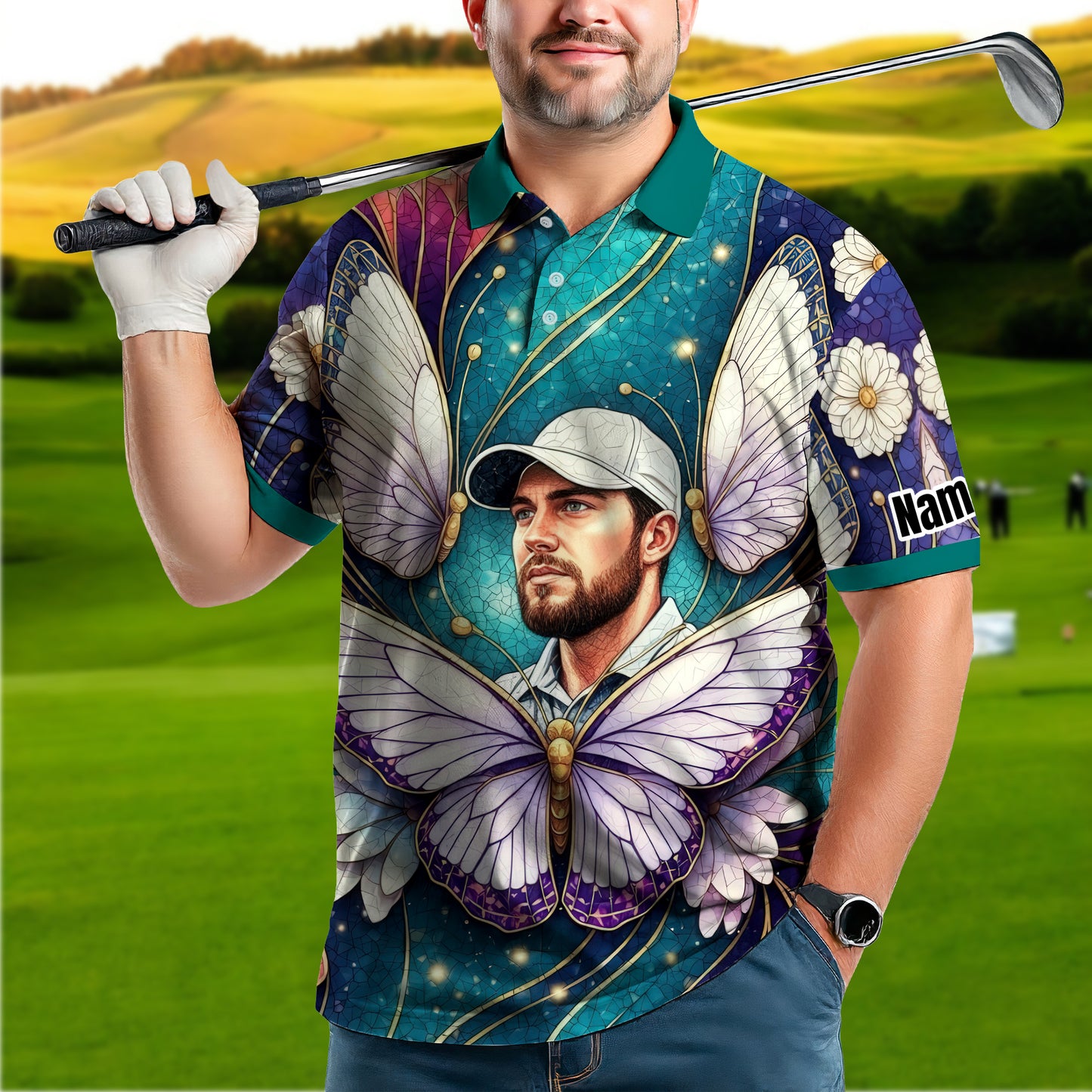 Custom Face Butterfly Golf Polo Shirt – Personalized Spring Mirage Art Style – Unique Gift for Him, Nature Inspired Men's Shirt Style 7