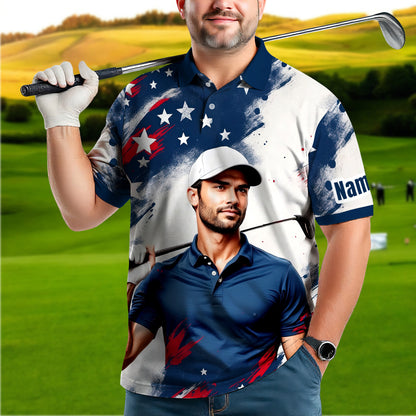HomyGifts Men's Customized Face Artistic Golf Polo Shirt, Personalized American Flag Design, Unique Gift for Patriotic Golfers Style 28
