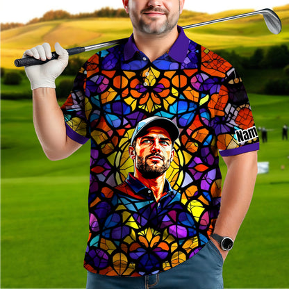Custom Face Golf Polo Shirt – Personalized Stained Glass Art Shirt, Unique Golf Gift for Him, Colorful Abstract Golf Polo, Custom Sportswear