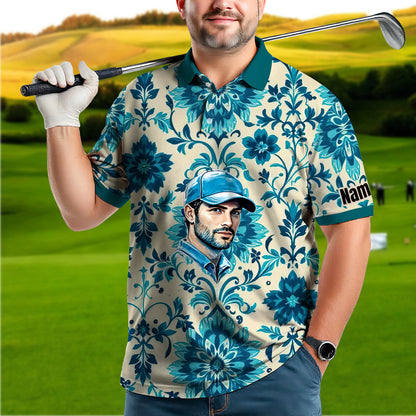 Custom Retro Pattern Art Polo Shirt – Personalized Face & Name | Vintage Floral Pattern Collared Shirt for Men Style 2