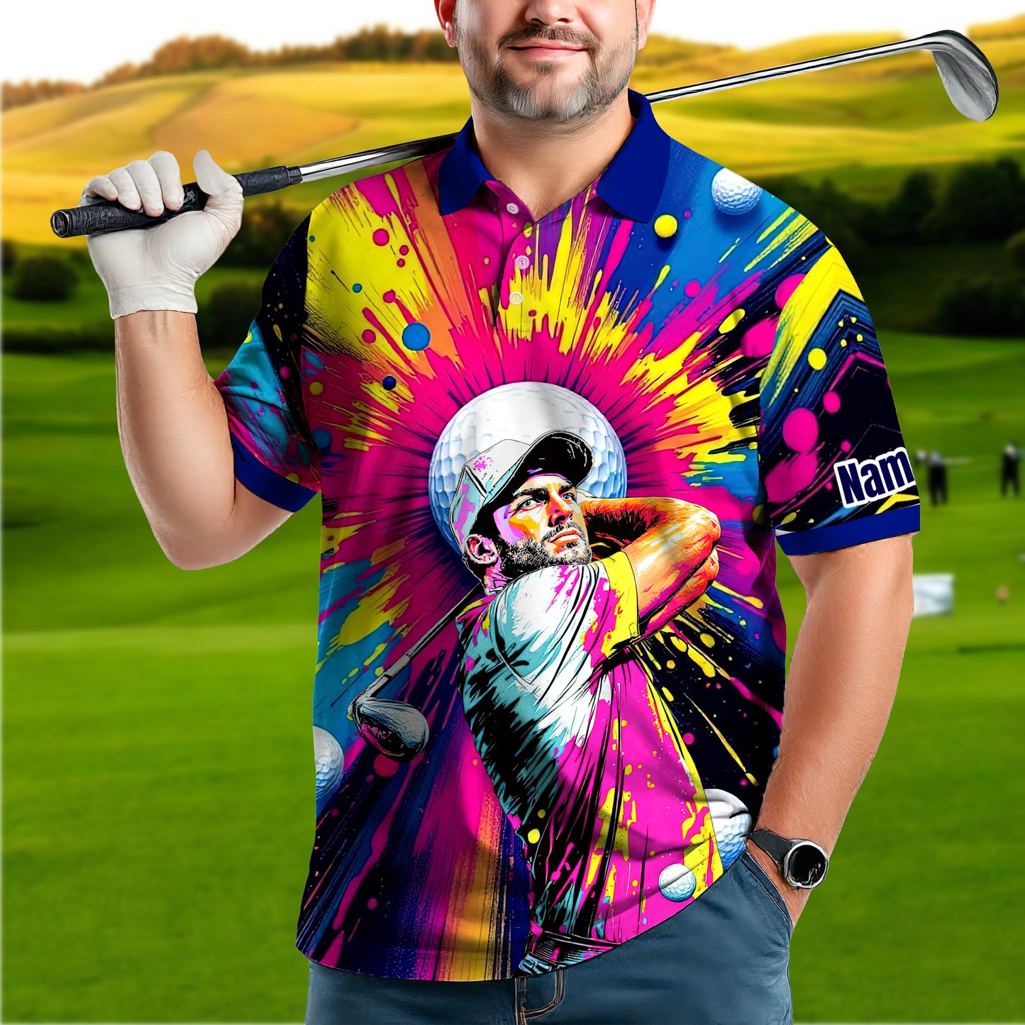 HomyGifts Men's Customized Face Artistic Golf Polo Shirt, Personalized Pop Art Golf Polo, Portrait Gift for Golfers Style 18