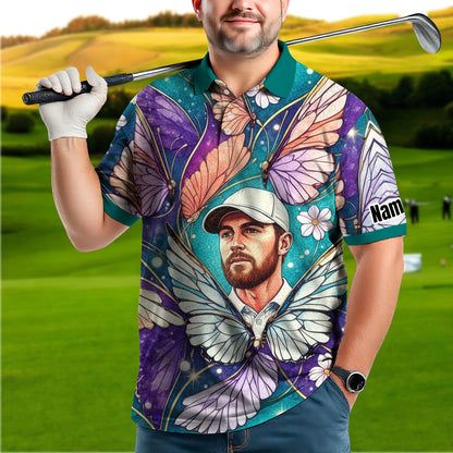 Custom Face Butterfly Golf Polo Shirt – Personalized Spring Mirage Art Style – Unique Gift for Him, Nature Inspired Men's Shirt Style 3