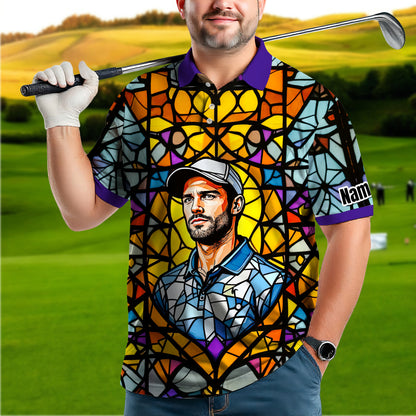 Custom Face Golf Polo Shirt – Personalized Stained Glass Art Shirt, Unique Golf Gift for Him, Colorful Abstract Golf Polo, Custom Sportswear