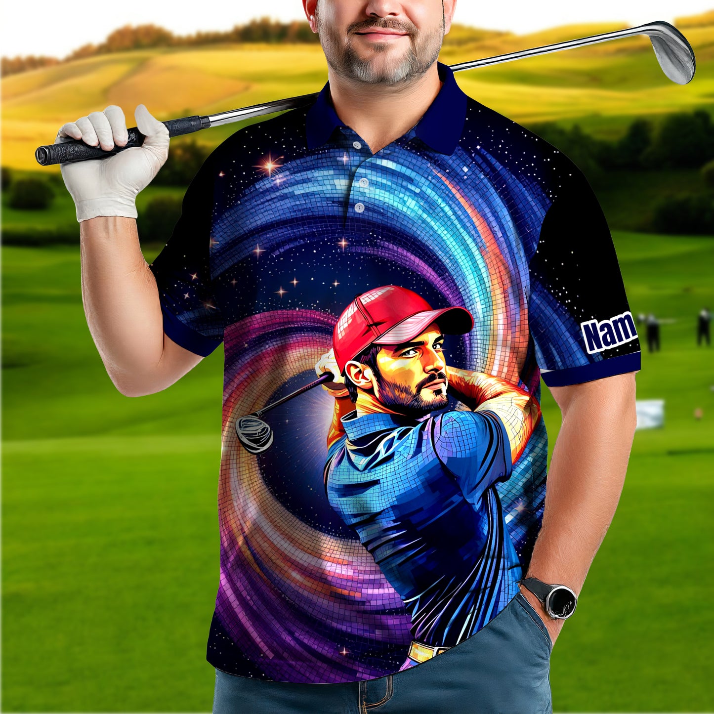 HomyGifts Men's Customized Face Artistic Golf Polo Shirt, Mosaic Art Style, Unique Personalized Golf Polo For Men Style 21