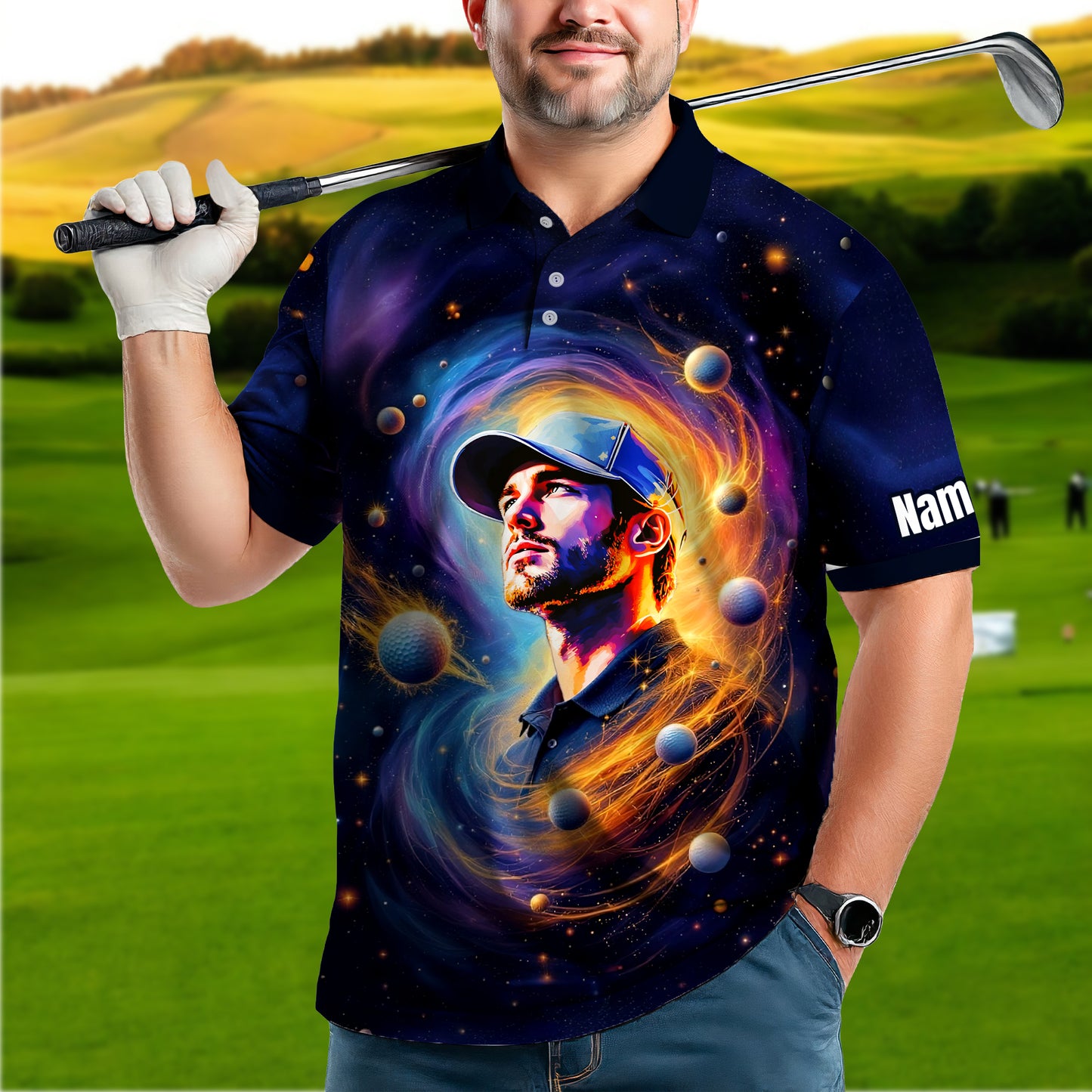 Custom Cosmic Portrait Polo Shirt – Personalized Surreal Galaxy Art with Your Face | Unique Gift for Golfers, Sports & Astrology Fans Style 4