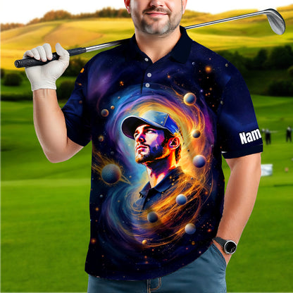 Custom Cosmic Portrait Polo Shirt – Personalized Surreal Galaxy Art with Your Face | Unique Gift for Golfers, Sports & Astrology Fans Style 4