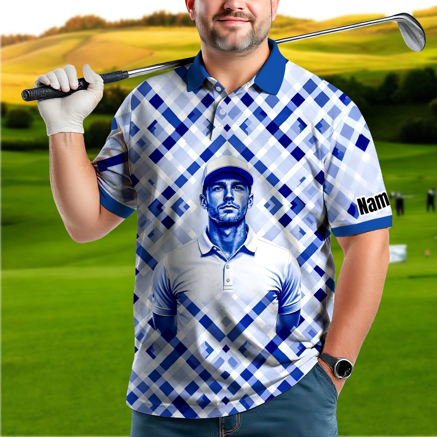 Custom Face Polo Shirt – Geometric Diamond Pattern | Personalized Photo Golf Polo | Unique Gift for Him, Retro Geometric Style Shirt Style 6